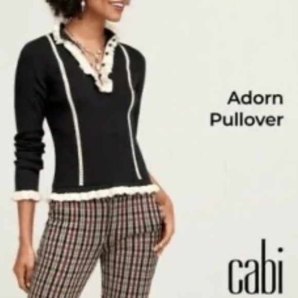 CAbi Adorn sweater Black Ribbed Ivory Ruffle Collar size medium NWT - Picture 1 of 7